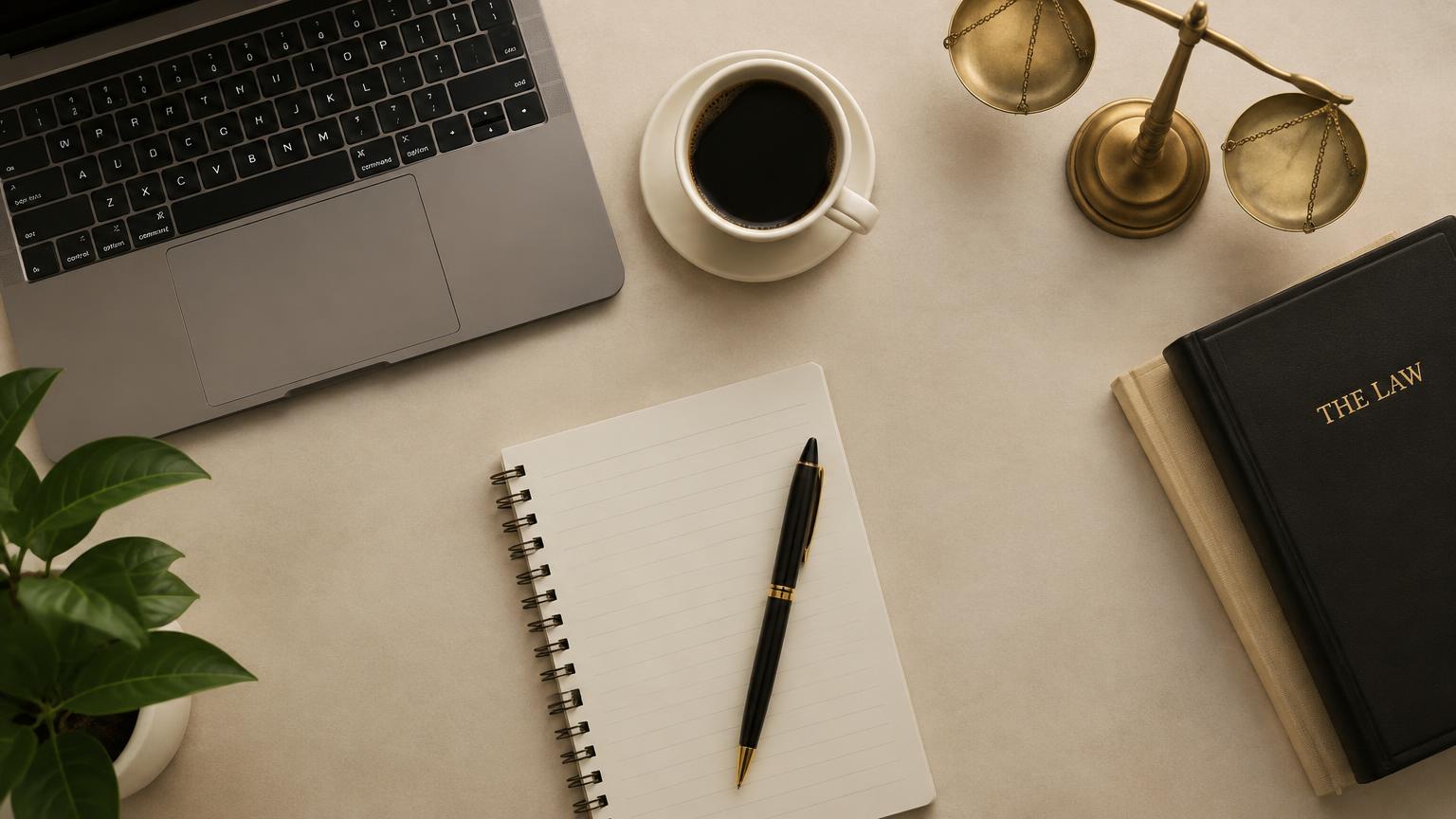 Mesa de trabalho com notebook, café e caderno